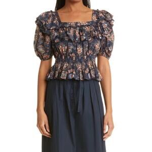 EUC ULLA JOHNSON Warner Floral Ruffle Puff-sleeve Peplum Blouse Sz 14